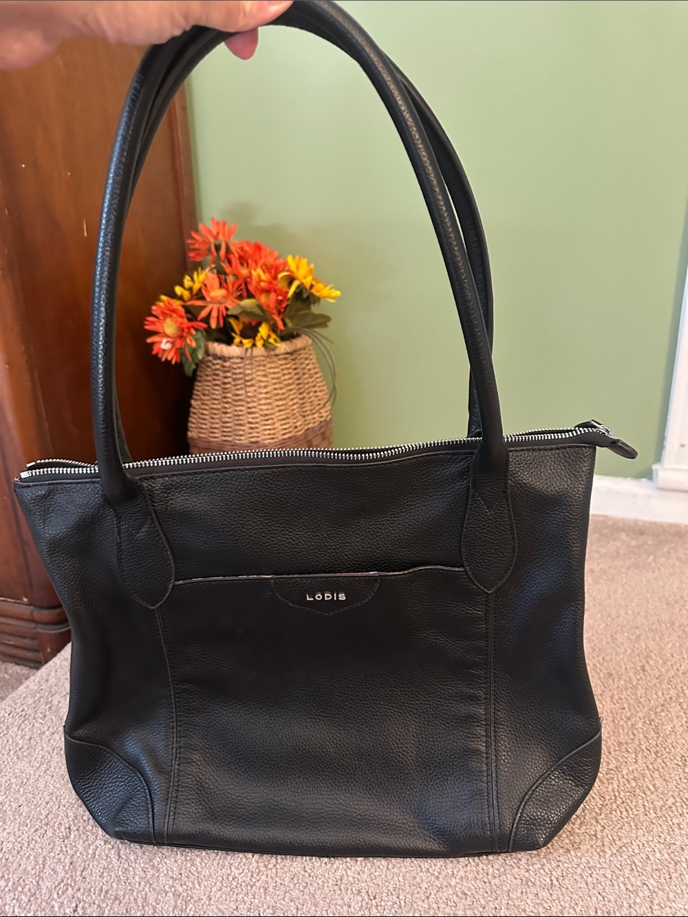 Lodis Black Pebbled Leather Zip-Top Tote